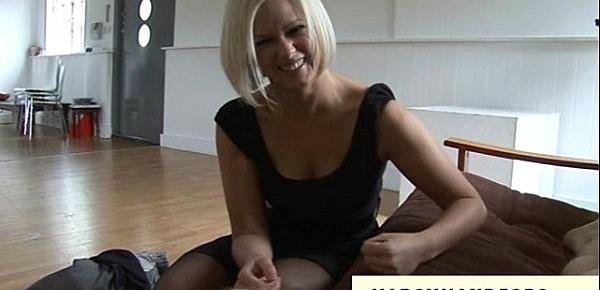  Blonde milf with small tits spanks dick of guy